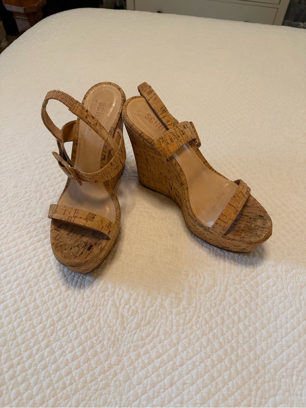 SCHUTZ Cork-Textured Tan Wedge Sandals